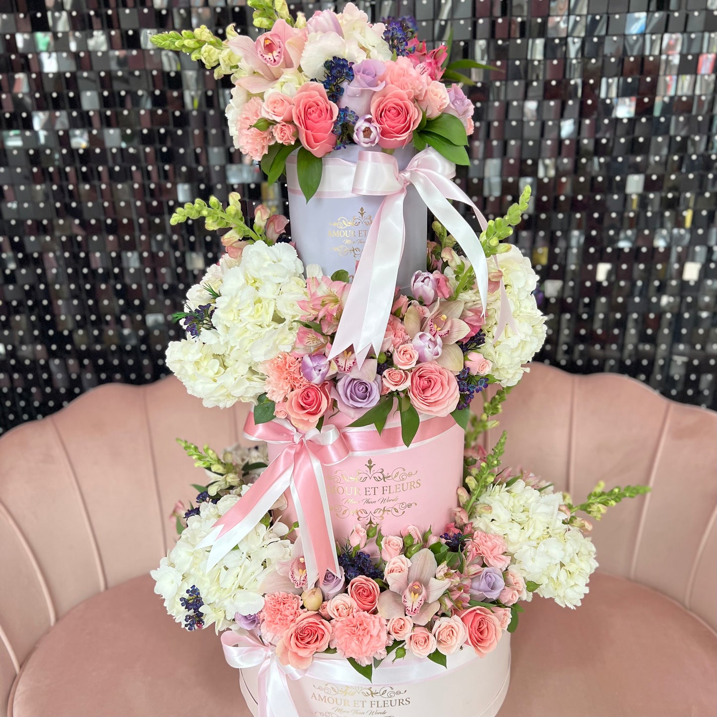 3 tier floral arrangement, mixed flowers closer