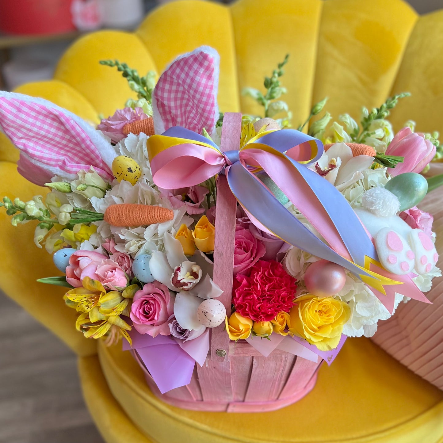 Easter Basket Floral Arrangement, flower box, flower basket pink