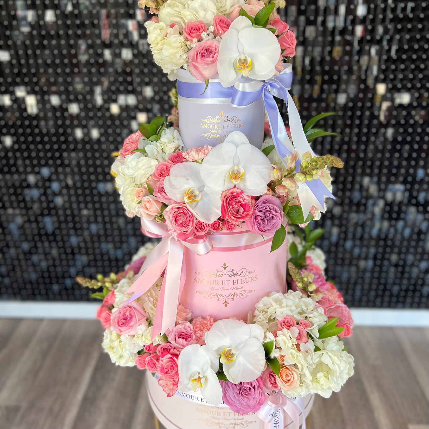 floral arrangement, 3 tier with orchids
