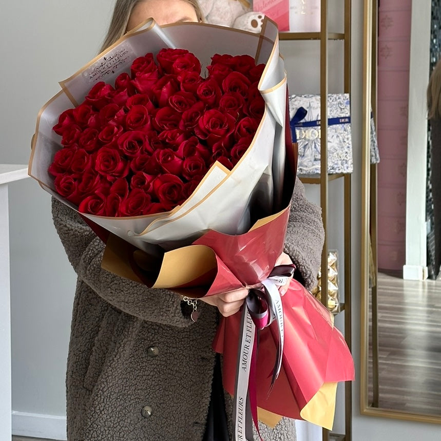 50 roses bouquet, red and silver