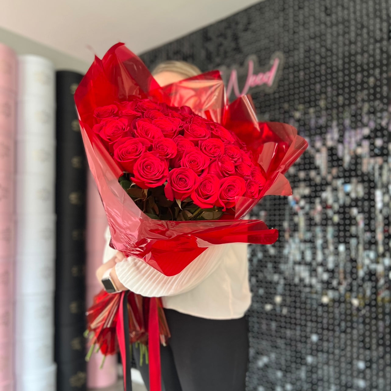 50 roses bouquet, red and red paper wrap