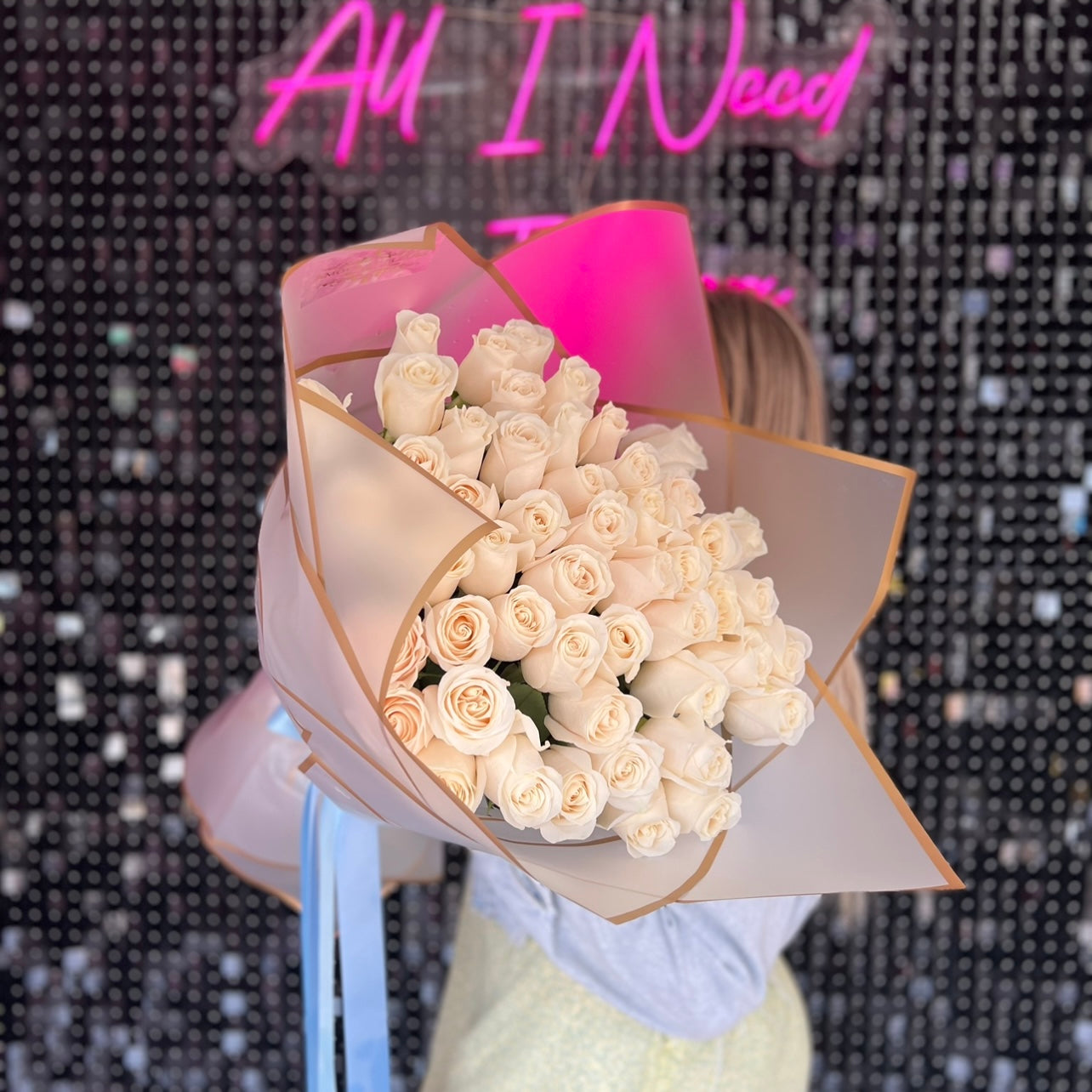 50 roses bouquet, white and silver
