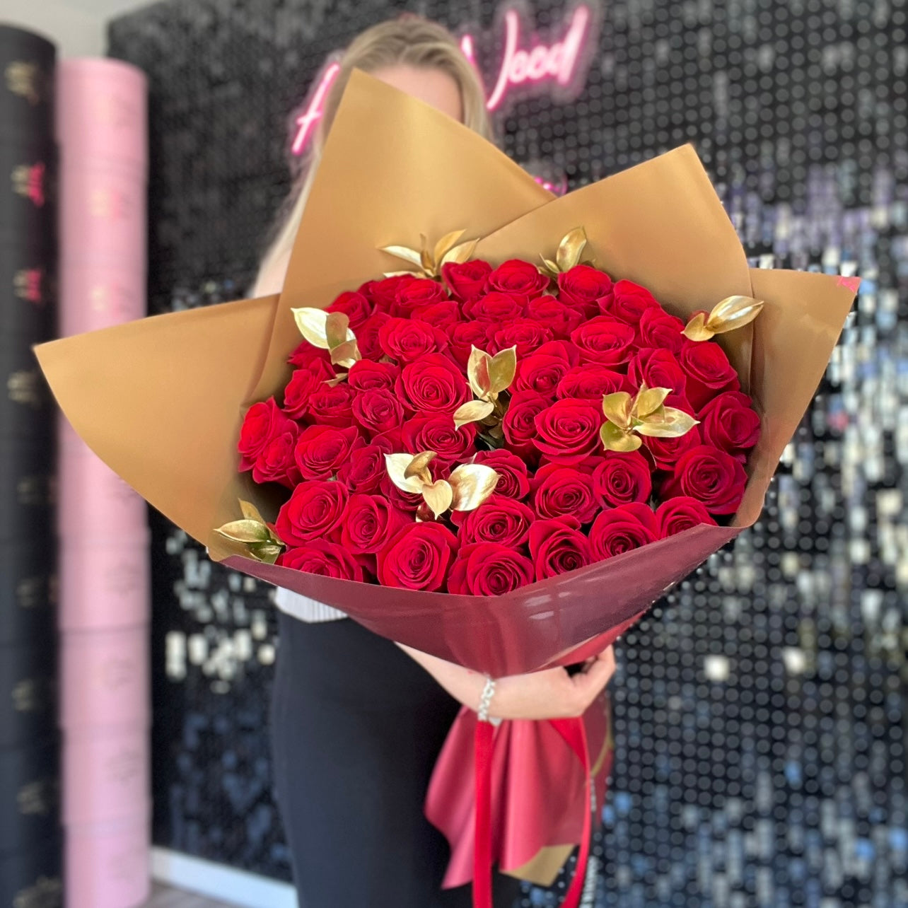 50 roses bouquet, red with gold leaves