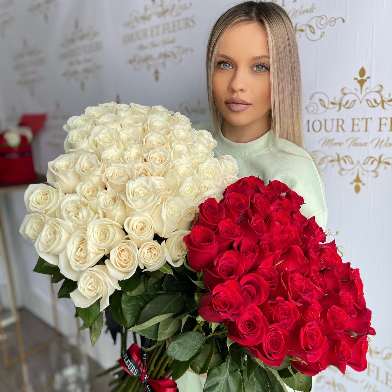 50 roses bouquet, red and white