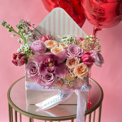 Envelope Floral Arrangement, flower bouquet in a box pink orchid