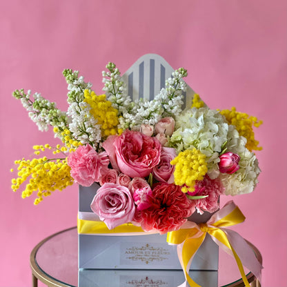Envelope Floral Arrangement, flower bouquet in a box yellow