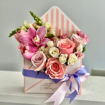Envelope Floral Arrangement, flower bouquet in a box pink